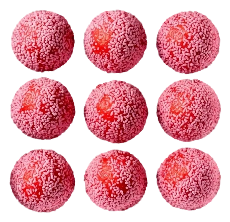 Nove brigadeiros de morango cobertos de granulado rosa
