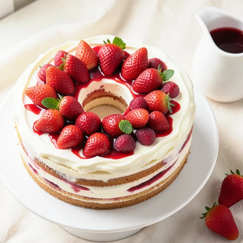 Bolo de camadas com chantilly, morangos e framboesas, visto de cima