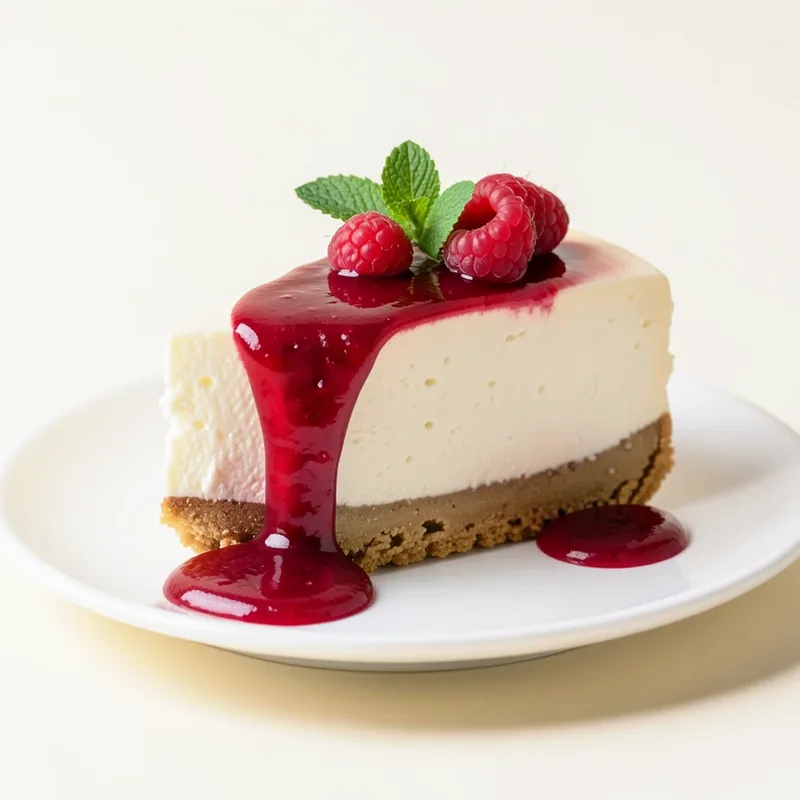 Fatia de cheesecake com calda de frutas vermelhas escorrendo e framboesas