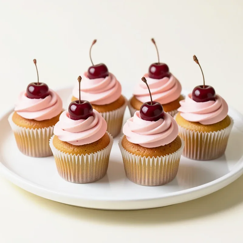 Seis cupcakes com glacê rosa e uma cereja no topo, em uma bandeja branca