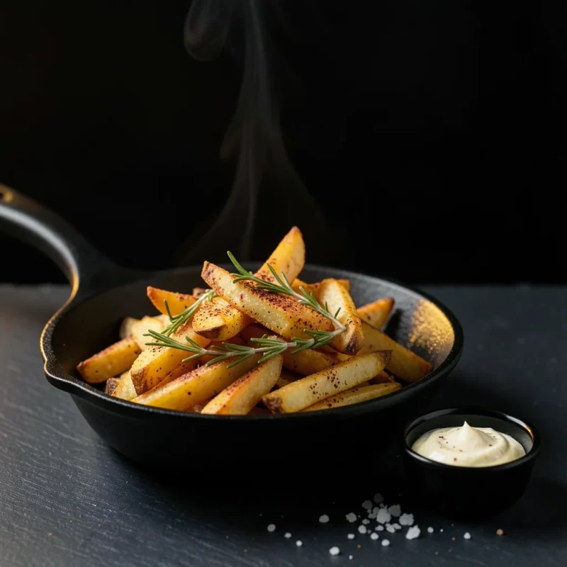 Batata Rústica: batatas com casca, alecrim e páprica numa frigideira de ferro, com aioli ao lado