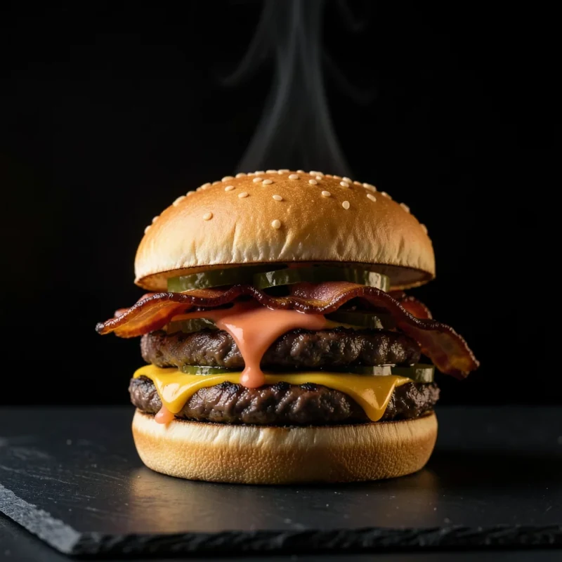 Hambúrguer Smash Duplo Bacon: dois smashes, cheddar, bacon crocante, picles e molho da casa escorrendo