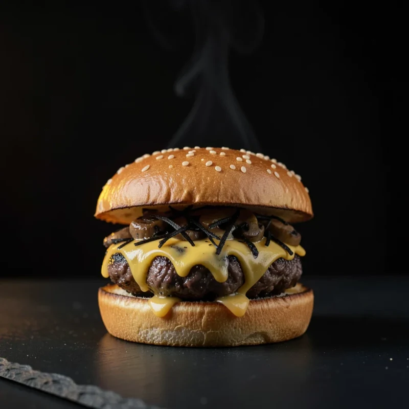 Hambúrguer Trufado: brioche tostado, carne grelhada, cheddar derretido, cogumelos salteados e lascas de trufa