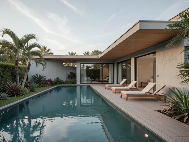 Casa térrea com piscina e deck no Jardim das Acácias: piscina linear e deck de madeira diante de uma casa térrea de vidro e concreto