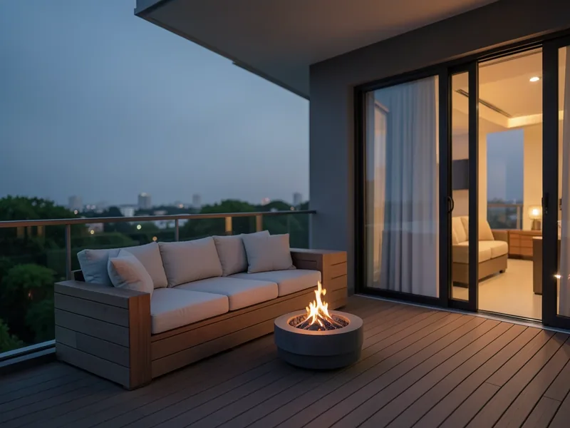 Cobertura com terraço no Alto da Serra: terraço com deck de madeira, sofá e braseiro ao anoitecer