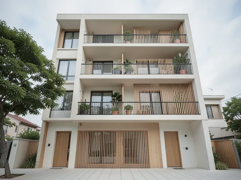 Apartamento compacto no Praça Nova: prédio de varandas com ripado de madeira visto da calçada
