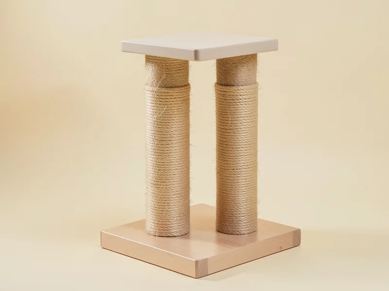 Arranhador de sisal com duas colunas, plataforma bege e base de madeira clara