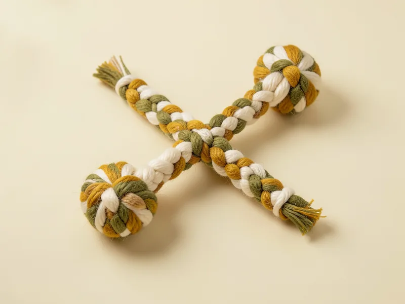Brinquedos de corda trançada, com nós nas pontas, em creme, verde-oliva e mostarda