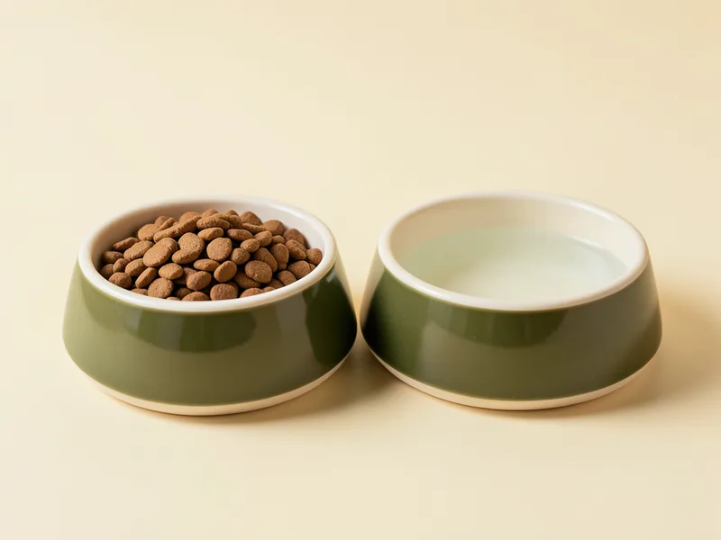 Dois potes de cerâmica verde-oliva e creme, um com ração e outro com água