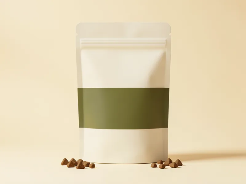 Pacote de ração para gatos, creme, com faixa verde-oliva e ração à frente