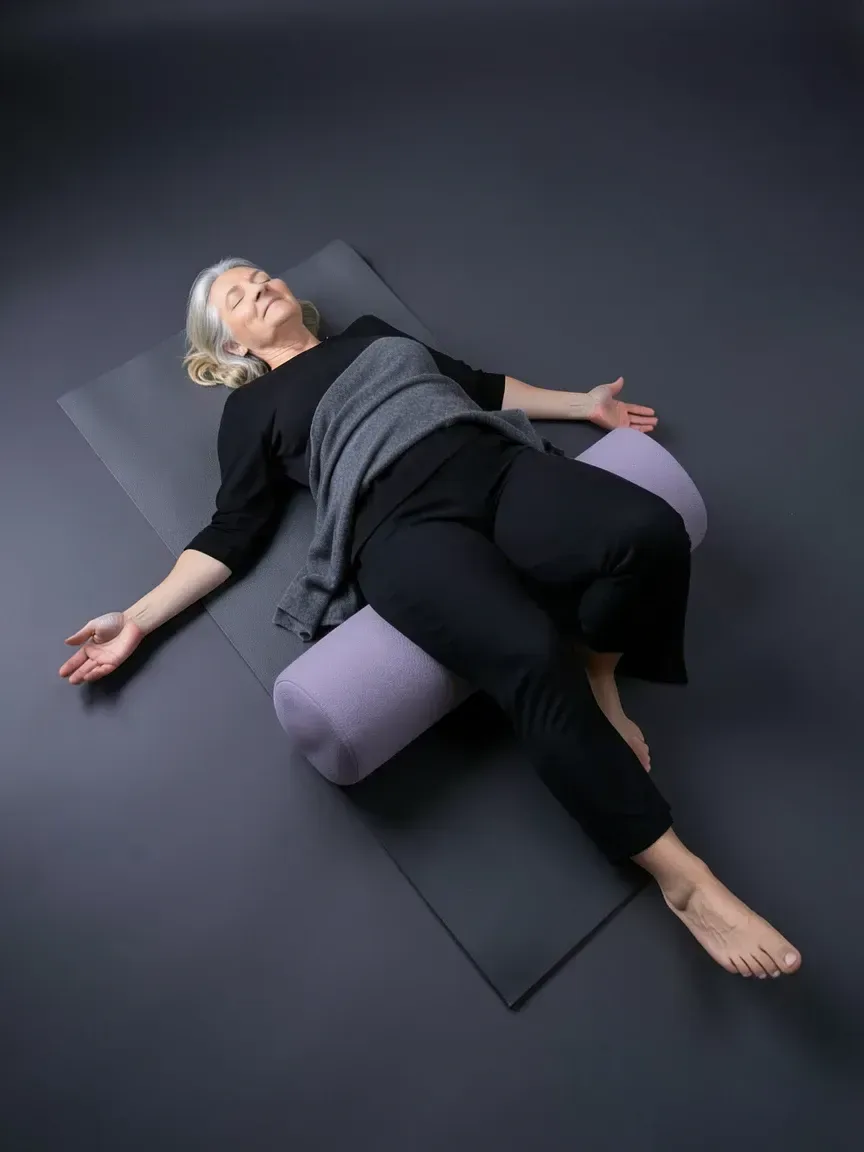 Yoga Restaurativa: mulher deitada de costas, com um bolster sob os joelhos e uma manta sobre o corpo