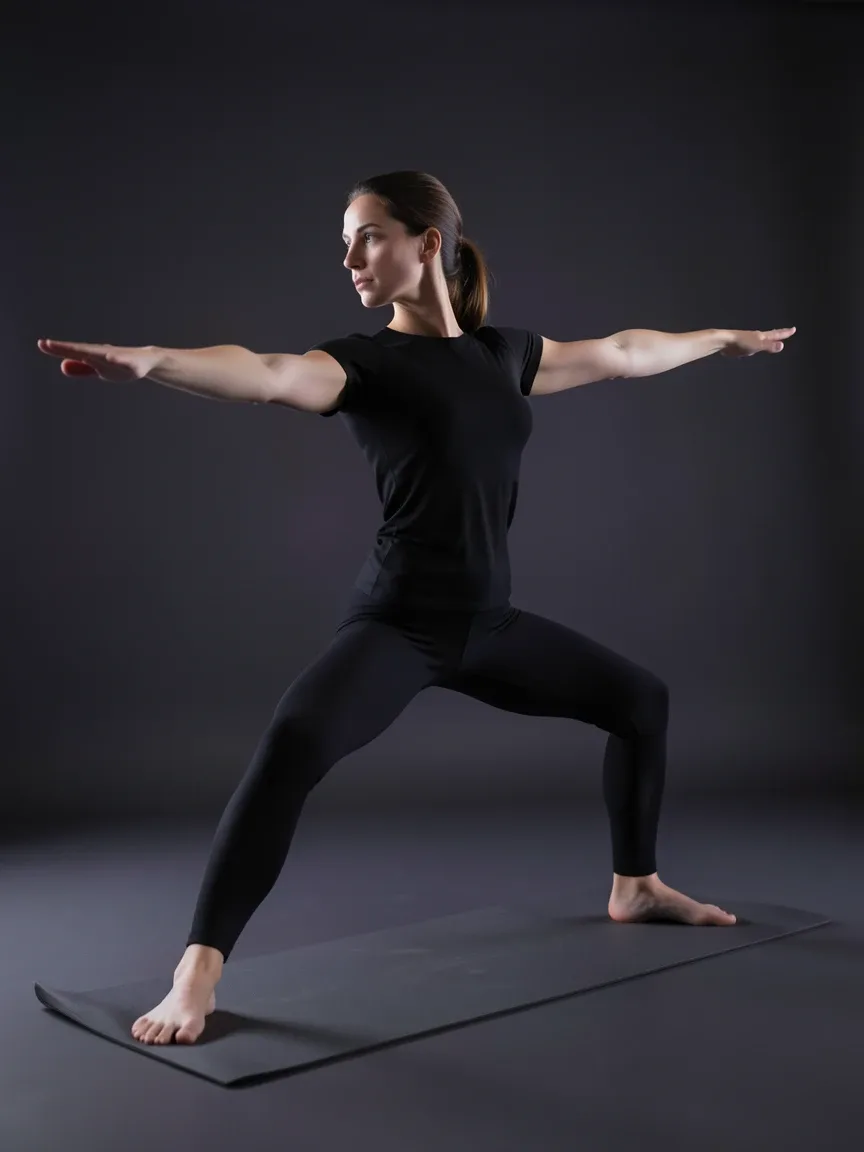 Yoga Vinyasa: mulher em guerreiro II, com os braços abertos, sobre um tapete escuro