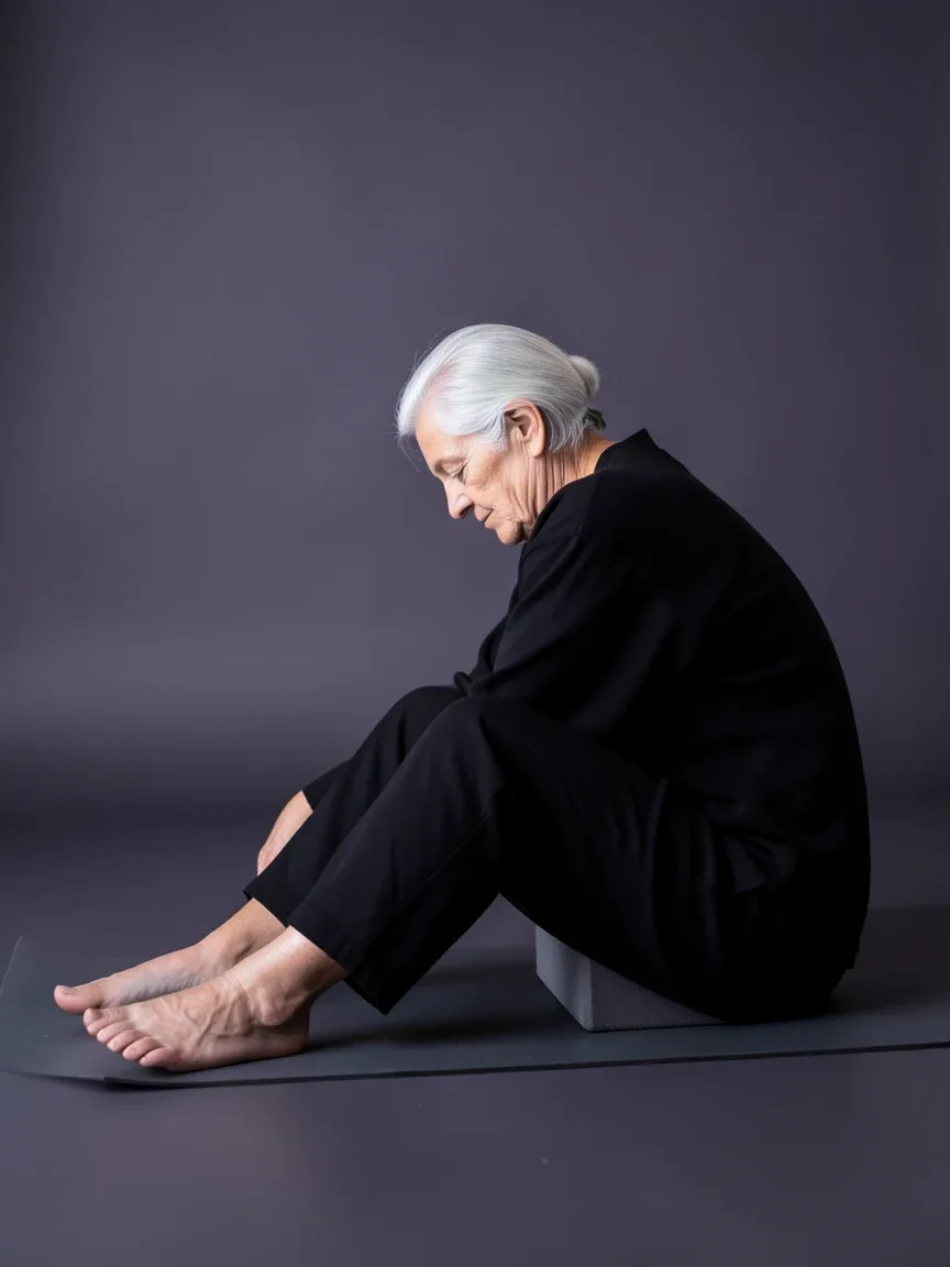 Yoga Yin: pessoa idosa sentada de perfil, curvada para a frente sobre um bloco