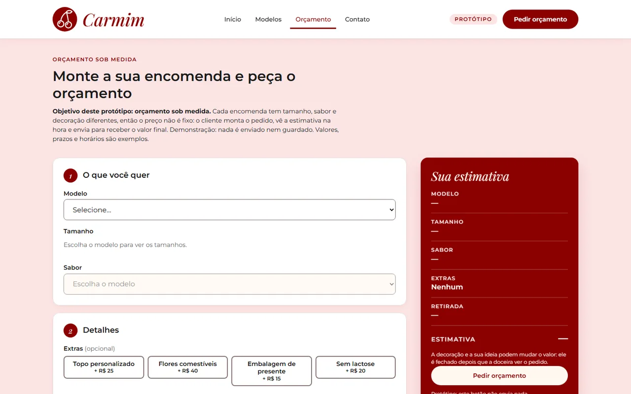 Orçamento sob medida no protótipo Carmim, no computador