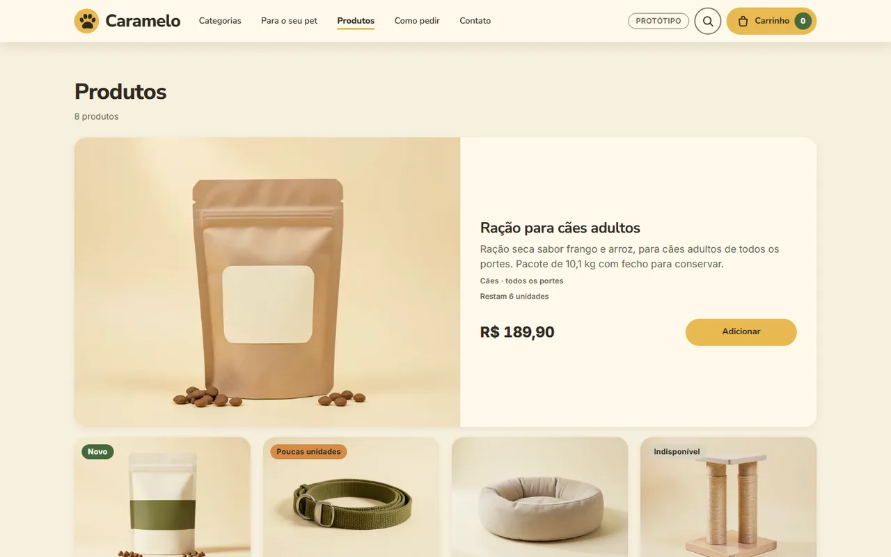 Venda de produtos no protótipo Caramelo, no computador
